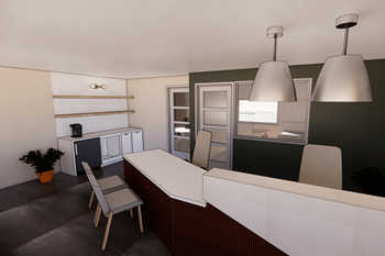 A rendering of a kitchen and dining room